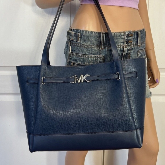 Michael Kors Reed Large Leather Belted Tote Shoulder Purse Bag + Wallet Set Navy - Picture 2 of 6